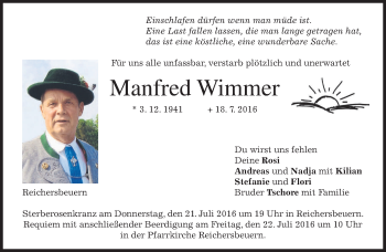 Traueranzeige von Manfred Wimmer von merkurtz