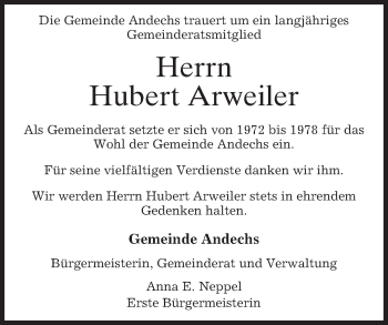 Traueranzeige von Hubert Arweiler von merkurtz