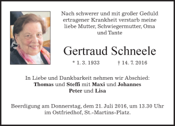 Traueranzeige von Gertraud Schneele von merkurtz