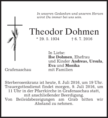 Traueranzeige von Theodor Dohmen von merkurtz