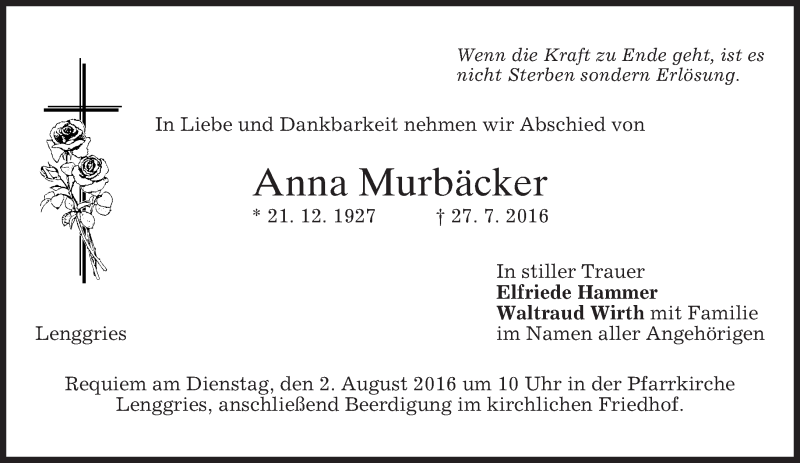  Traueranzeige für Anna Murbäcker vom 30.07.2016 aus merkurtz