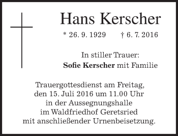 Traueranzeige von Hans Kerscher von merkurtz