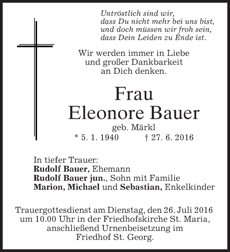  Traueranzeige für Eleonore Bauer vom 23.07.2016 aus merkurtz