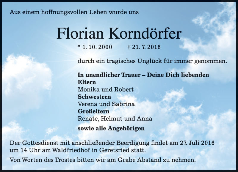  Traueranzeige für Florian Korndörfer vom 25.07.2016 aus merkurtz