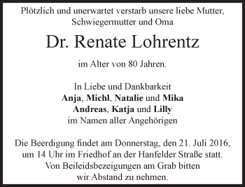 Traueranzeige von Renate Lohrentz von merkurtz