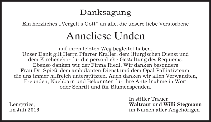  Traueranzeige für Anneliese Unden vom 09.07.2016 aus merkurtz