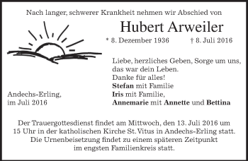 Traueranzeige von Hubert Arweiler von merkurtz
