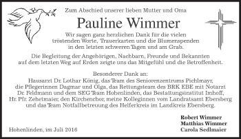 Traueranzeige von Pauline Wimmer von merkurtz