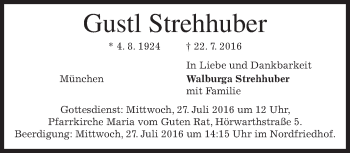 Traueranzeige von Gustl Strehhuber von merkurtz