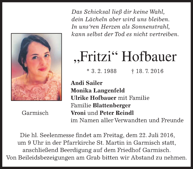  Traueranzeige für Fritzi Hofbauer vom 20.07.2016 aus merkurtz