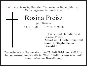 Traueranzeige von Rosina Preisz von merkurtz