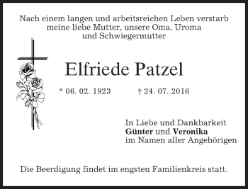 Traueranzeige von Elfriede Patzel von merkurtz