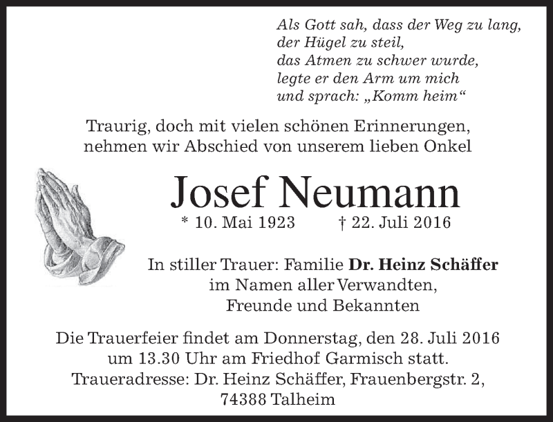  Traueranzeige für Josef Neumann vom 26.07.2016 aus merkurtz
