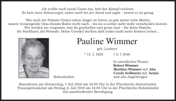 Traueranzeige von Pauline Wimmer von merkurtz
