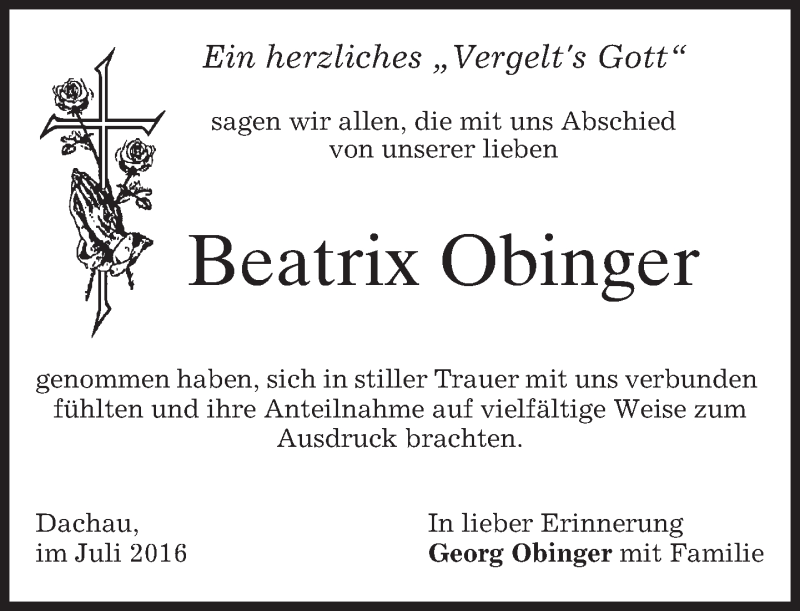  Traueranzeige für Beatrix Obinger vom 02.07.2016 aus merkurtz