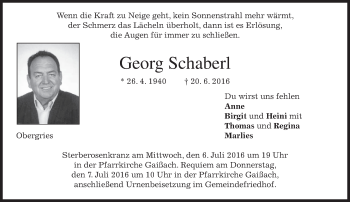 Traueranzeige von Georg Schaberl von merkurtz