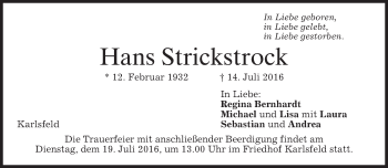 Traueranzeige von Hans Strickstrock von merkurtz