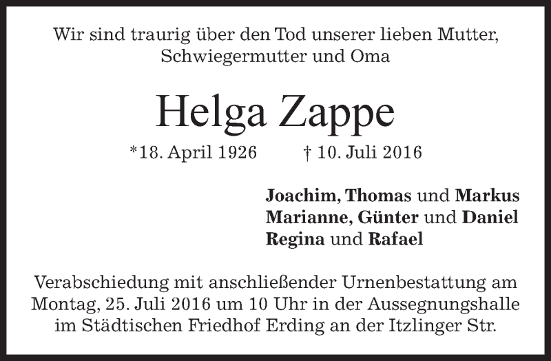  Traueranzeige für Helga Zappe vom 23.07.2016 aus merkurtz
