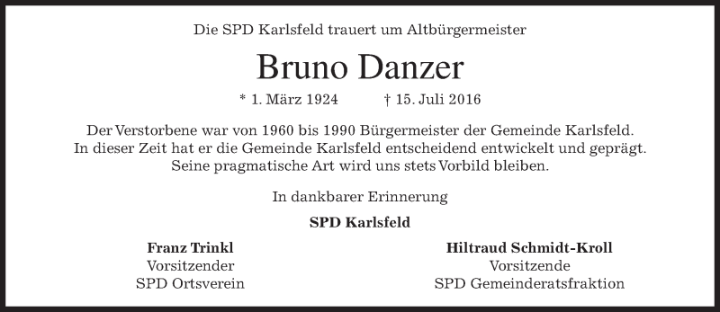  Traueranzeige für Bruno Danzer vom 18.07.2016 aus merkurtz