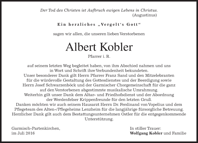  Traueranzeige für Albert Kobler vom 23.07.2016 aus merkurtz
