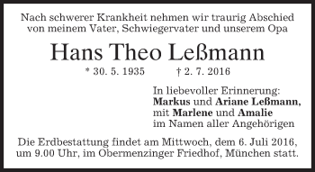 Traueranzeige von Theo Leßmann von merkurtz