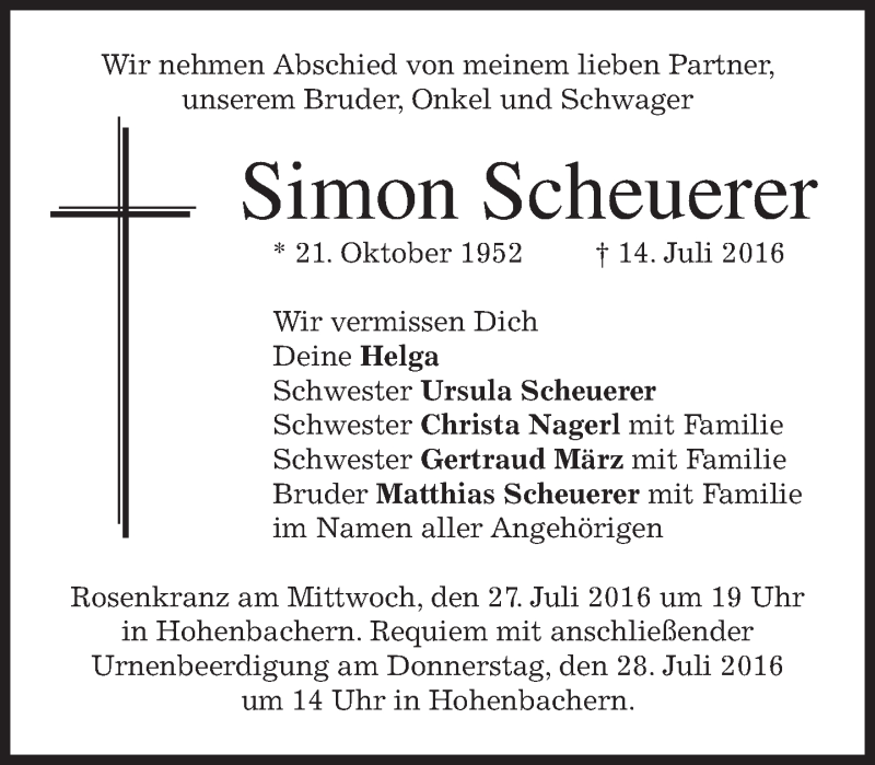  Traueranzeige für Simon Scheuerer vom 25.07.2016 aus merkurtz