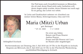Traueranzeige von Maria Urban von merkurtz