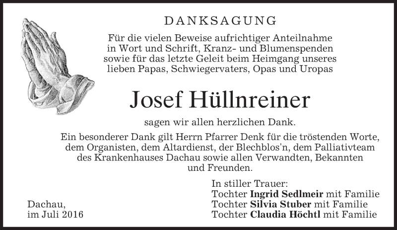  Traueranzeige für Josef Hüllnreiner vom 05.07.2016 aus merkurtz