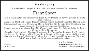 Traueranzeige von Franz Speer von merkurtz