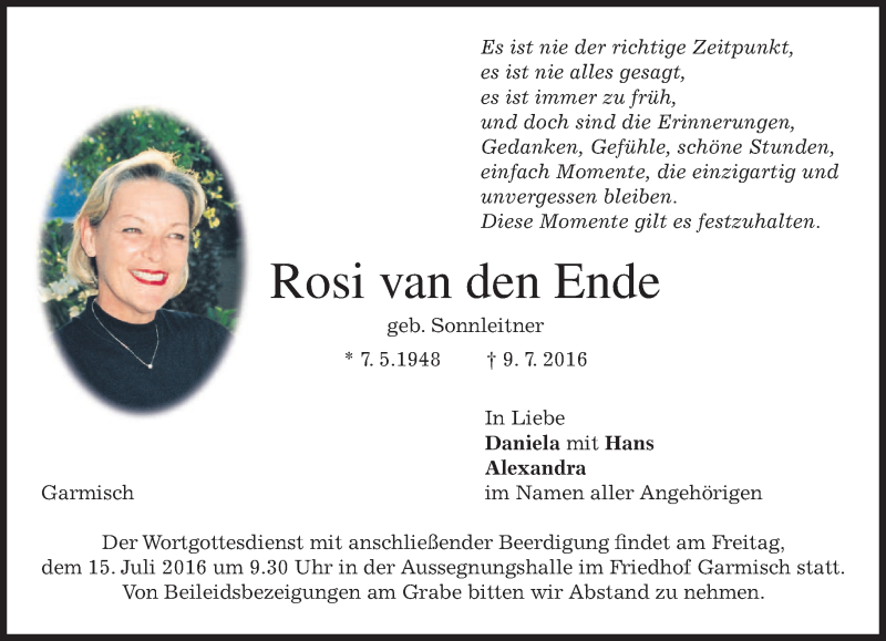  Traueranzeige für Rosi van den Ende vom 13.07.2016 aus merkurtz