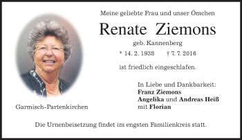 Traueranzeige von Renate Ziemons von merkurtz
