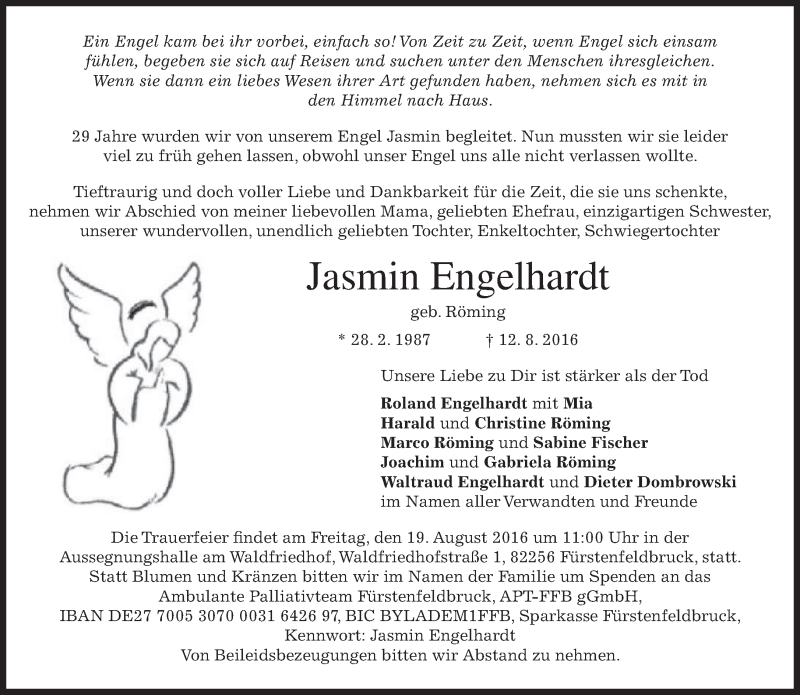  Traueranzeige für Jasmin Engelhardt vom 17.08.2016 aus merkurtz