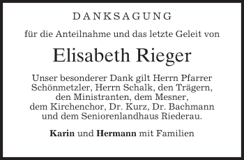 Traueranzeige von Elisabeth Rieger von merkurtz