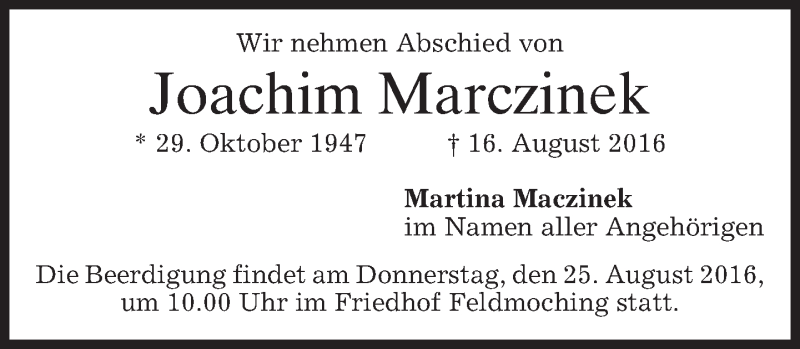  Traueranzeige für Joachim Marczinek vom 23.08.2016 aus merkurtz