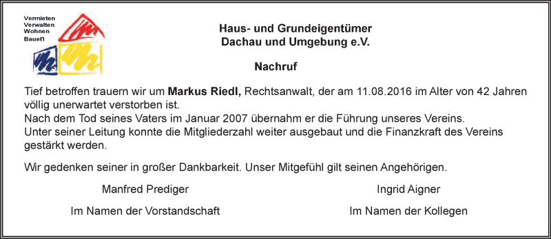  Traueranzeige für Markus Riedl vom 17.08.2016 aus merkurtz