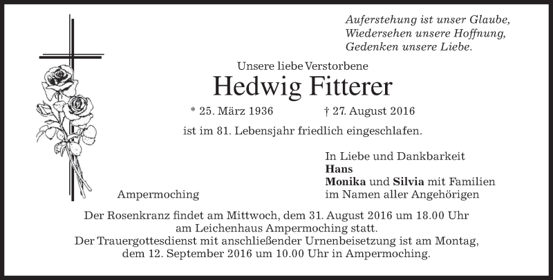  Traueranzeige für Hedwig Fitterer vom 30.08.2016 aus merkurtz