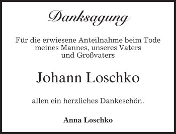 Traueranzeige von Johann Loschko von merkurtz
