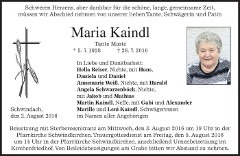 Traueranzeige von Maria Kaindl von merkurtz