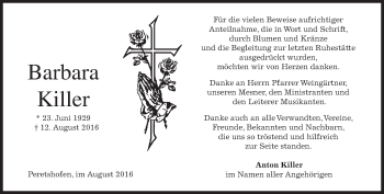 Traueranzeige von Barbara Killer von merkurtz