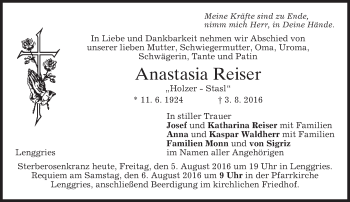 Traueranzeige von Anastasia Reiser von merkurtz