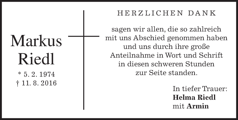  Traueranzeige für Markus Riedl vom 27.08.2016 aus merkurtz