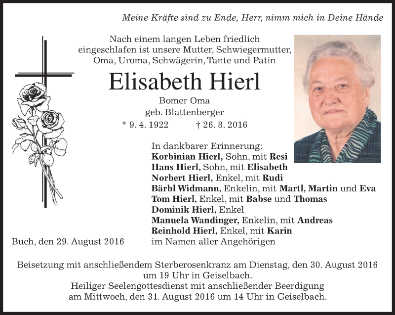  Traueranzeige für Elisabeth Hierl vom 29.08.2016 aus merkurtz