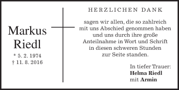Traueranzeige von Markus Riedl von merkurtz