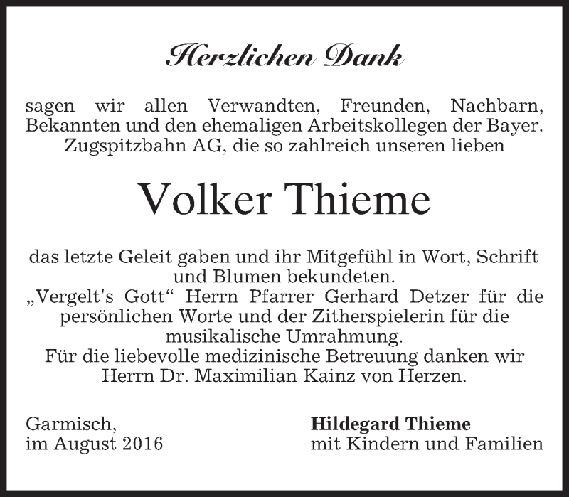  Traueranzeige für Volker Thieme vom 20.08.2016 aus merkurtz