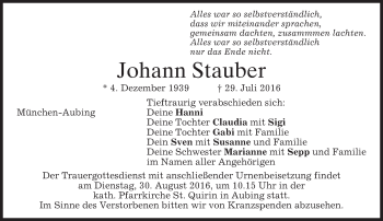 Traueranzeige von Johann Stauber von merkurtz
