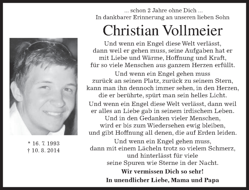  Traueranzeige für Christian Vollmeier vom 10.08.2016 aus merkurtz
