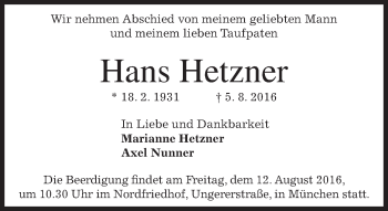 Traueranzeige von Hans Hetzner von merkurtz
