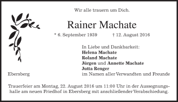 Traueranzeige von Rainer Machate von merkurtz