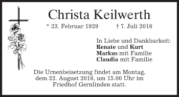 Traueranzeige von Christa Keilwerth von merkurtz