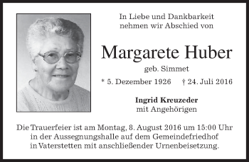Traueranzeige von Margarete Huber von merkurtz